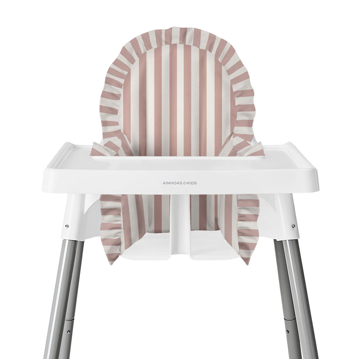 FUNDA PARA SILLA ALTA, OLANES RAYA BLANCO ROSA