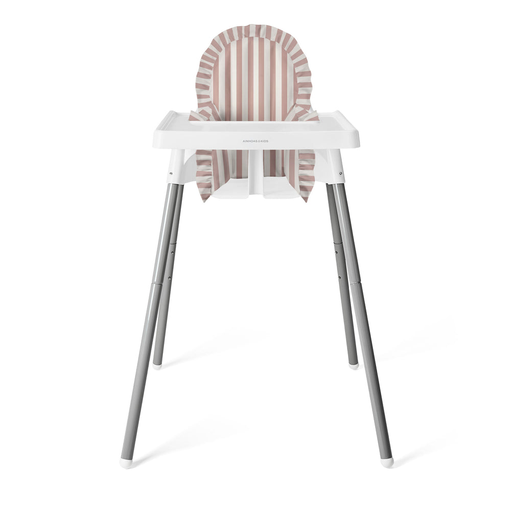 FUNDA PARA SILLA ALTA, OLANES RAYA BLANCO ROSA
